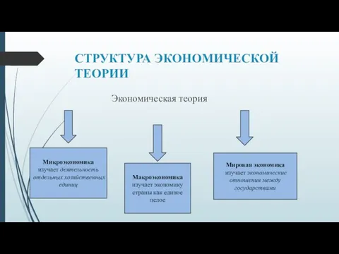 СТРУКТУРА ЭКОНОМИЧЕСКОЙ ТЕОРИИ Экономическая теория Микроэкономика изучает деятельность отдельных хозяйственных единиц Мировая