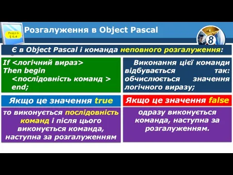 Розгалуження в Object Pascal Розділ 6 § 6.4 Є в Object Pascal