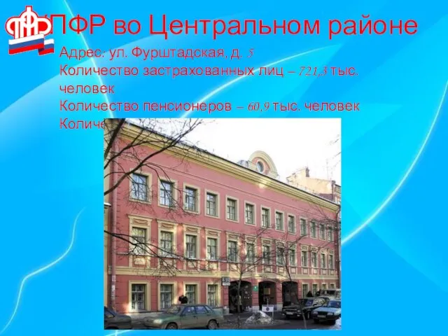 УПФР во Центральном районе Адрес: ул. Фурштадская, д. 5 Количество застрахованных лиц