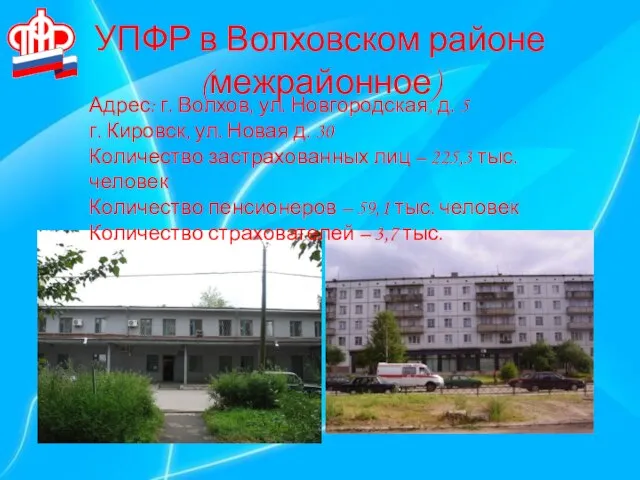 УПФР в Волховском районе (межрайонное) Адрес: г. Волхов, ул. Новгородская, д. 5