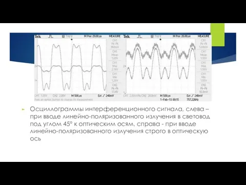 Осциллограммы интерференционного сигнала, слева – при вводе линейно-поляризованного излучения в световод под