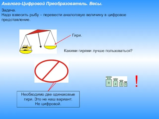 Аналого-Цифровой Преобразователь. Весы. Задача. Надо взвесить рыбу – перевести аналоговую величину в