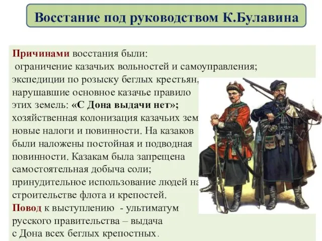 Причинами восстания были: ограничение казачьих вольностей и самоуправления; экспедиции по розыску беглых