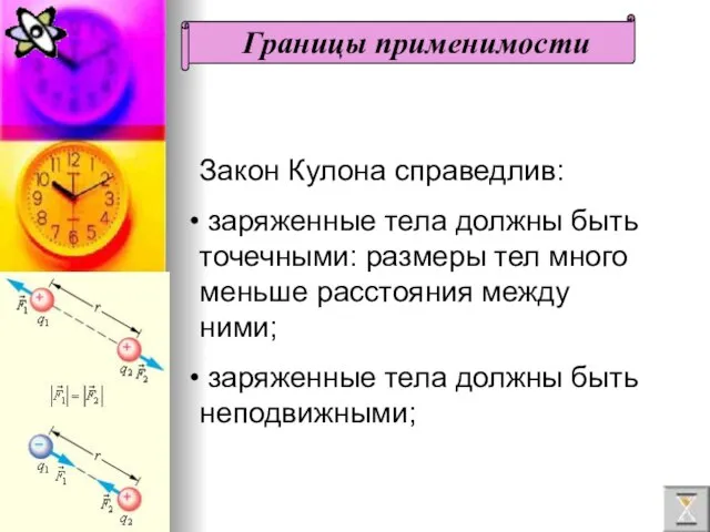 Закон Кулона справедлив: заряженные тела должны быть точечными: размеры тел много меньше