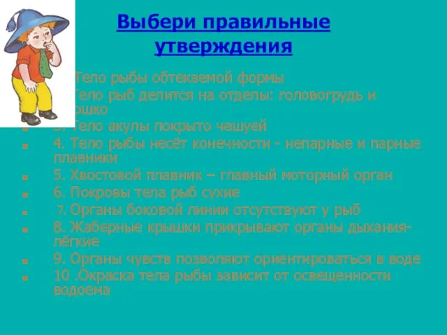 Выбери правильные утверждения 1. Тело рыбы обтекаемой формы 2. Тело рыб делится