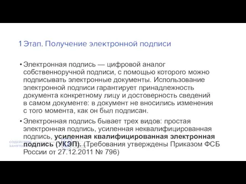 1 Этап. Получение электронной подписи Электронная подпись — цифровой аналог собственноручной подписи,