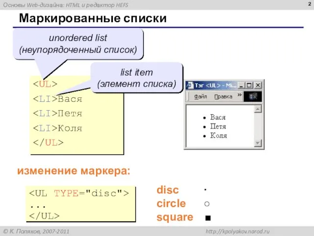 Маркированные списки Вася Петя Коля unordered list (неупорядоченный список) list item (элемент