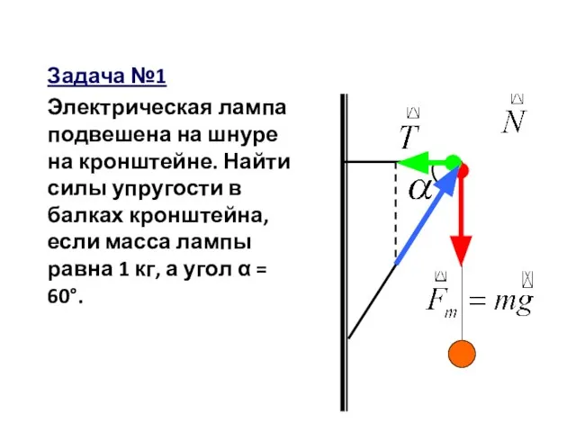 Задача №1 Электрическая лампа подвешена на шнуре на кронштейне. Найти силы упругости