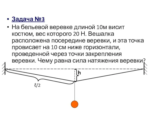 Задача №3 На бельевой веревке длиной 10м висит костюм, вес которого 20