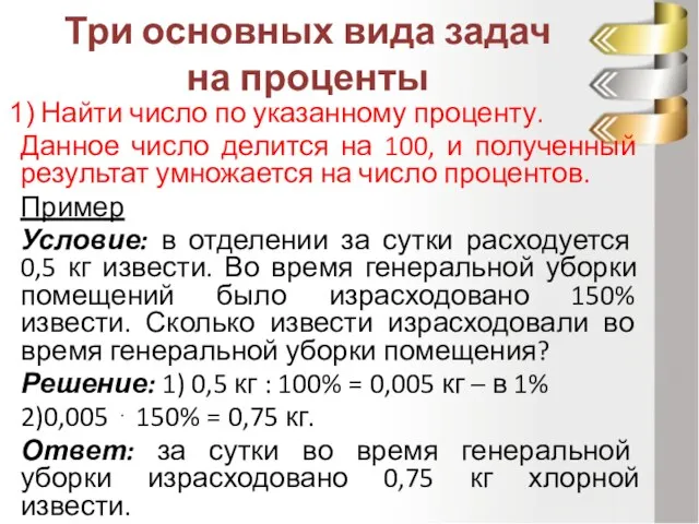 Три основных вида задач на проценты Найти число по указанному проценту. Данное