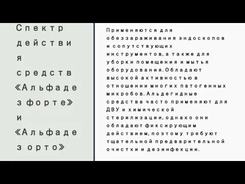 Спектр действия средств «Альфадез форте» и «Альфадез орто» Применяются для обеззараживания эндоскопов