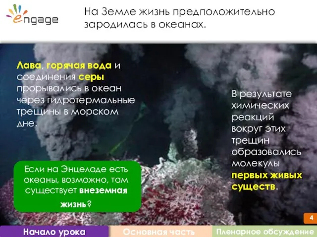 Основная часть Начало урока На Земле жизнь предположительно зародилась в океанах. Лава,