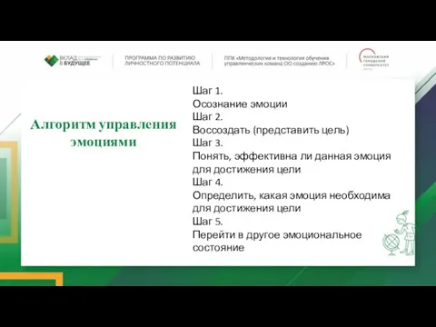 Алгоритм управления эмоциями Шаг 1. Осознание эмоции Шаг 2. Воссоздать (представить цель)