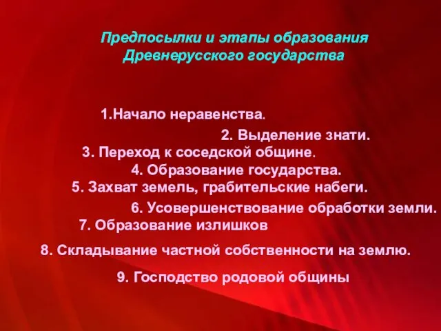 1.Начало неравенства. 2. Выделение знати. 3. Переход к соседской общине. 4. Образование