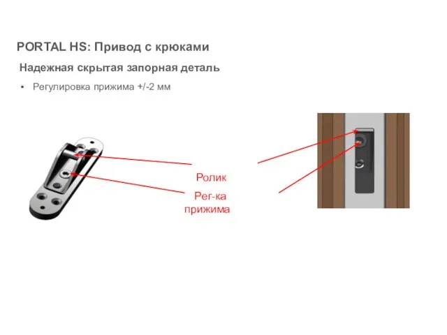 Надежная скрытая запорная деталь Регулировка прижима +/-2 мм PORTAL HS: Привод с крюками