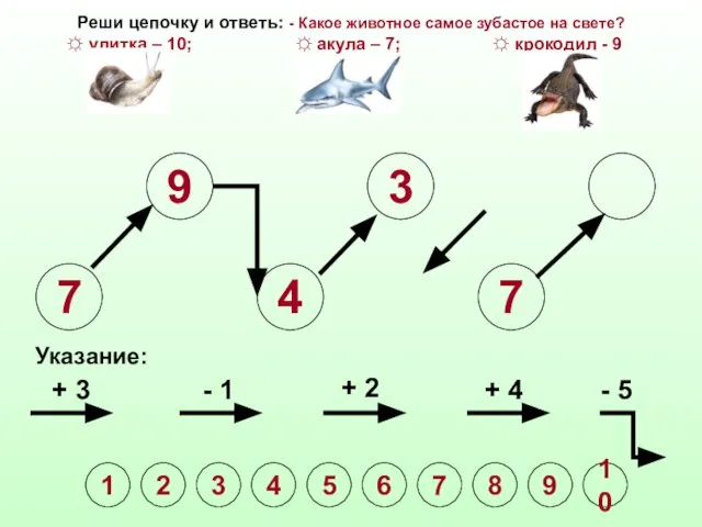 7 9 4 3 7 Указание: + 3 - 1 + 2