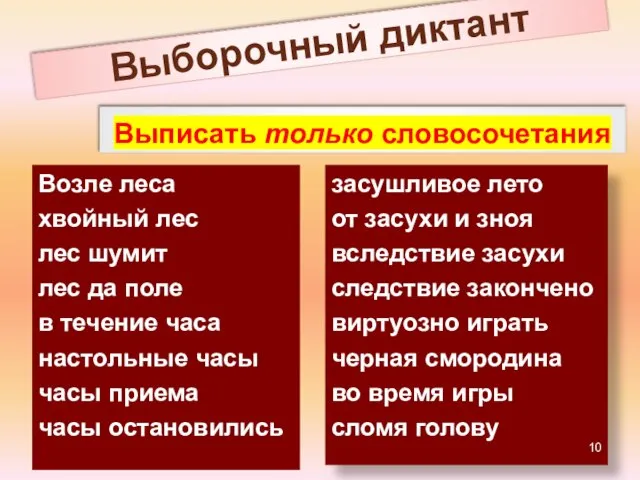 Выборочный диктант Выписать только словосочетания Возле леса хвойный лес лес шумит лес