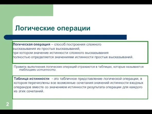 Логические операции Правила выполнения логических операций отражаются в таблицах, которые называются таблицами