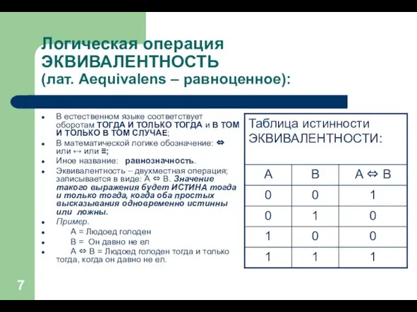 Логическая операция ЭКВИВАЛЕНТНОСТЬ (лат. Aequivalens – равноценное): В естественном языке соответствует оборотам