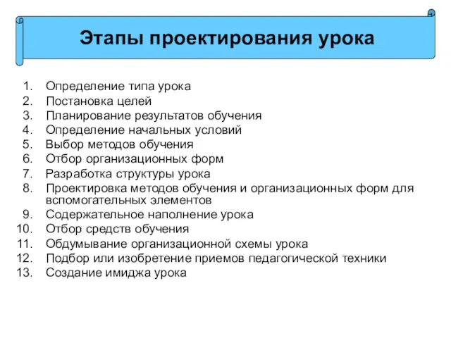 Определение типа урока Постановка целей Планирование результатов обучения Определение начальных условий Выбор