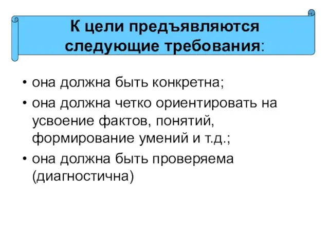 она должна быть конкретна; она должна четко ориентировать на усвоение фактов, понятий,