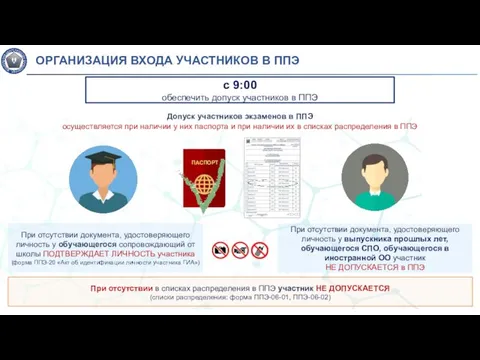 Допуск участников экзаменов в ППЭ осуществляется при наличии у них паспорта и