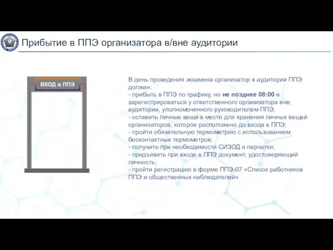 Прибытие в ППЭ организатора в/вне аудитории В день проведения экзамена организатор в