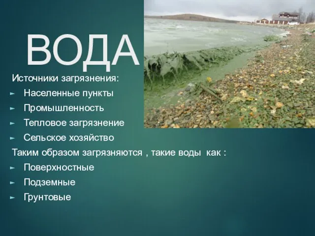 ВОДА Источники загрязнения: Населенные пункты Промышленность Тепловое загрязнение Сельское хозяйство Таким образом