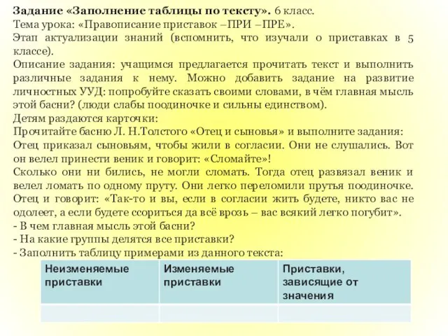 Задание «Заполнение таблицы по тексту». 6 класс. Тема урока: «Правописание приставок –ПРИ