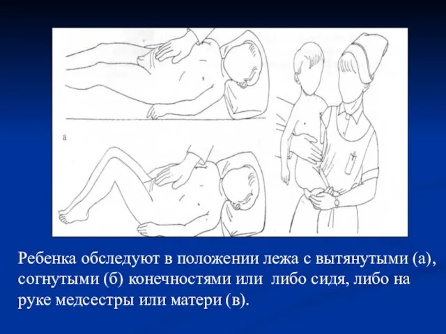 Ребенка обследуют в положении лежа с вытянутыми (а), согнутыми (б) конечностями или