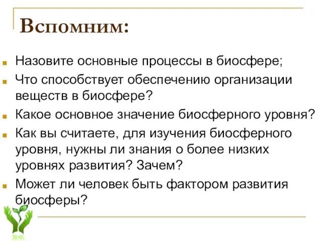 Вспомним: Назовите основные процессы в биосфере; Что способствует обеспечению организации веществ в