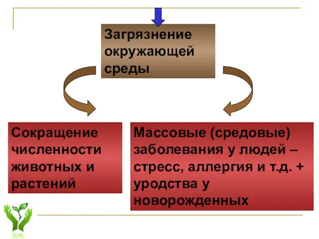 Загрязнение окружающей среды Сокращение численности животных и растений Массовые (средовые) заболевания у