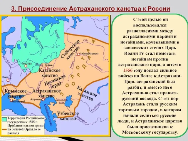 3. Присоединение Астраханского ханства к России С этой целью он воспользовался разногласиями