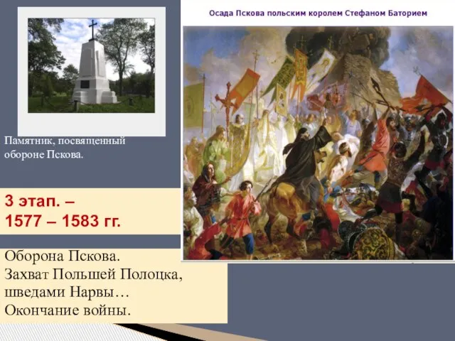 3 этап. – 1577 – 1583 гг. Оборона Пскова. Захват Польшей Полоцка,