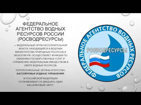 ФЕДЕРАЛЬНОЕ АГЕНТСТВО ВОДНЫХ РЕСУРСОВ РОССИИ (РОСВОДРЕСУРСЫ) — ФЕДЕРАЛЬНЫЙ ОРГАН ИСПОЛНИТЕЛЬНОЙ ВЛАСТИ, НАХОДЯЩИЙСЯ