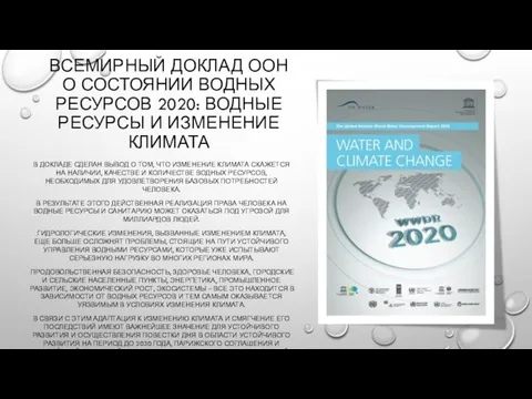 ВСЕМИРНЫЙ ДОКЛАД ООН О СОСТОЯНИИ ВОДНЫХ РЕСУРСОВ 2020: ВОДНЫЕ РЕСУРСЫ И ИЗМЕНЕНИЕ