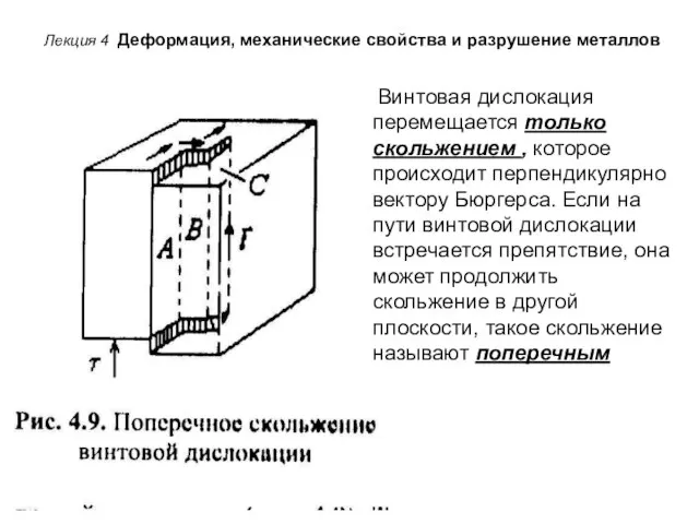 Лекция 4 Деформация, механические свойства и разрушение металлов Винтовая дислокация перемещается только