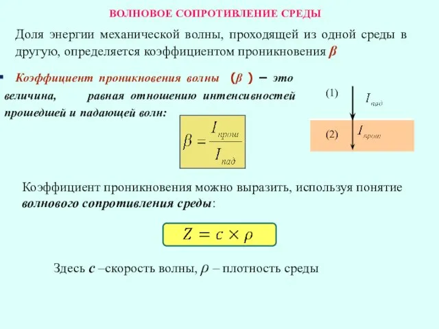 Коэффициент проникновения волны (β ) – это величина, равная отношению интенсивностей прошедшей