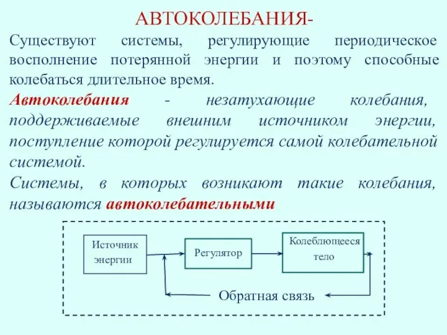 АВТОКОЛЕБАНИЯ- Существуют системы, регулирующие периодическое восполнение потерянной энергии и поэтому способные колебаться