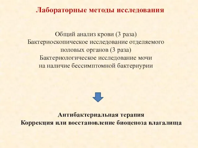 Лабораторные методы исследования Общий анализ крови (3 раза) Бактериоскопическое исследование отделяемого половых