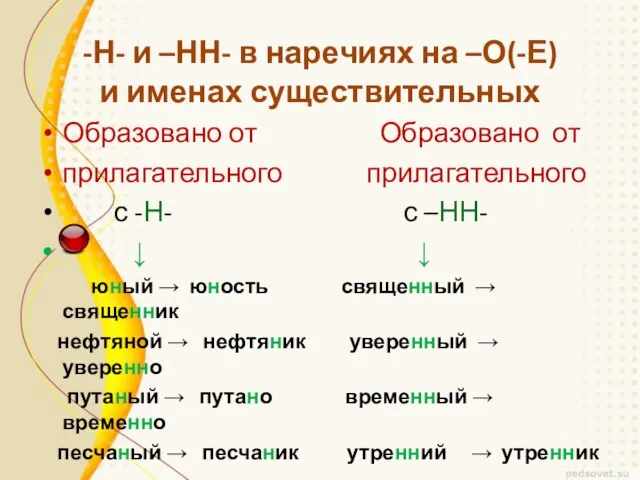 Образовано от Образовано от прилагательного прилагательного с -Н- с –НН- ↓ ↓