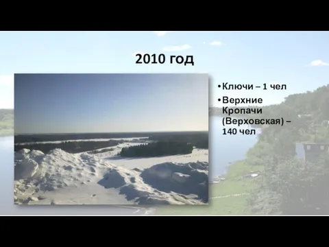 2010 год Ключи – 1 чел Верхние Кропачи (Верховская) – 140 чел