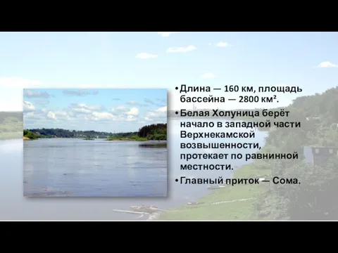 Длина — 160 км, площадь бассейна — 2800 км². Белая Холуница берёт