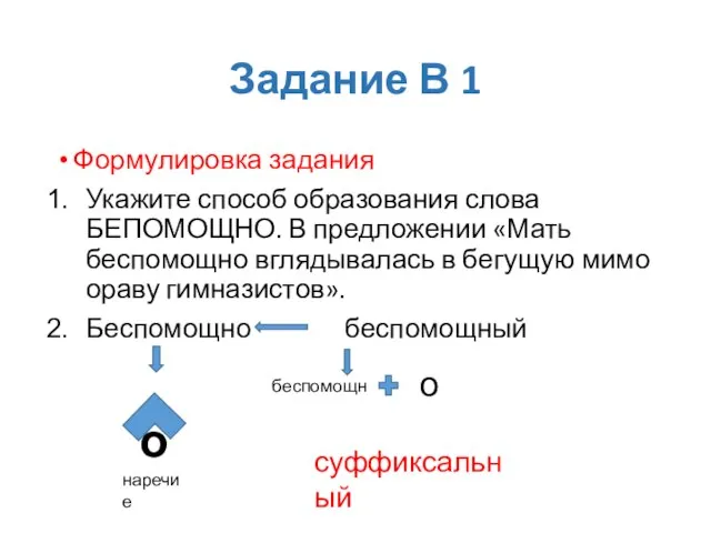 Задание В 1 Формулировка задания Укажите способ образования слова БЕПОМОЩНО. В предложении