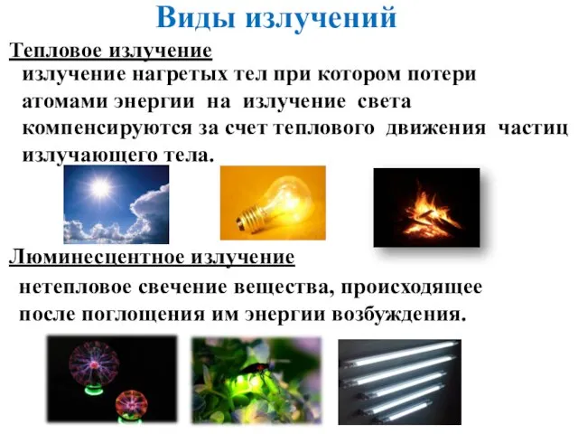 Виды излучений Тепловое излучение излучение нагретых тел при котором потери атомами энергии