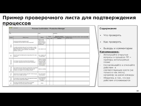 Пример проверочного листа для подтверждения процессов Что проверять Как проверять Выводы и