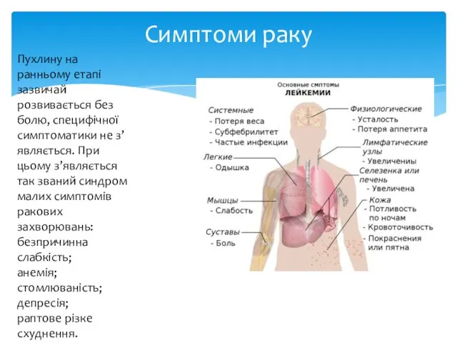 Симптоми раку Пухлину на ранньому етапі зазвичай розвивається без болю, специфічної симптоматики