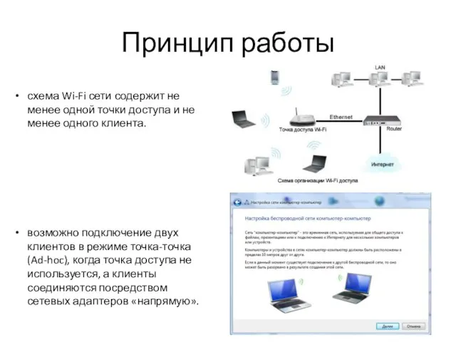 Принцип работы схема Wi-Fi сети содержит не менее одной точки доступа и