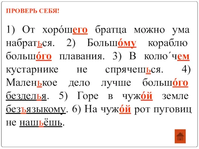 ПРОВЕРЬ СЕБЯ! 1) От хорóшего братца можно ума набраться. 2) Большóму кораблю