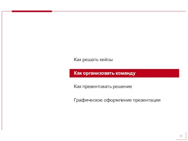 Как решать кейсы Как организовать команду Как презентовать решение Графическое оформление презентации